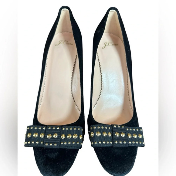 J. Crew Plush Velvet Gold-Studded Bow Rounded Toe Block Heels - Picture 2 of 7